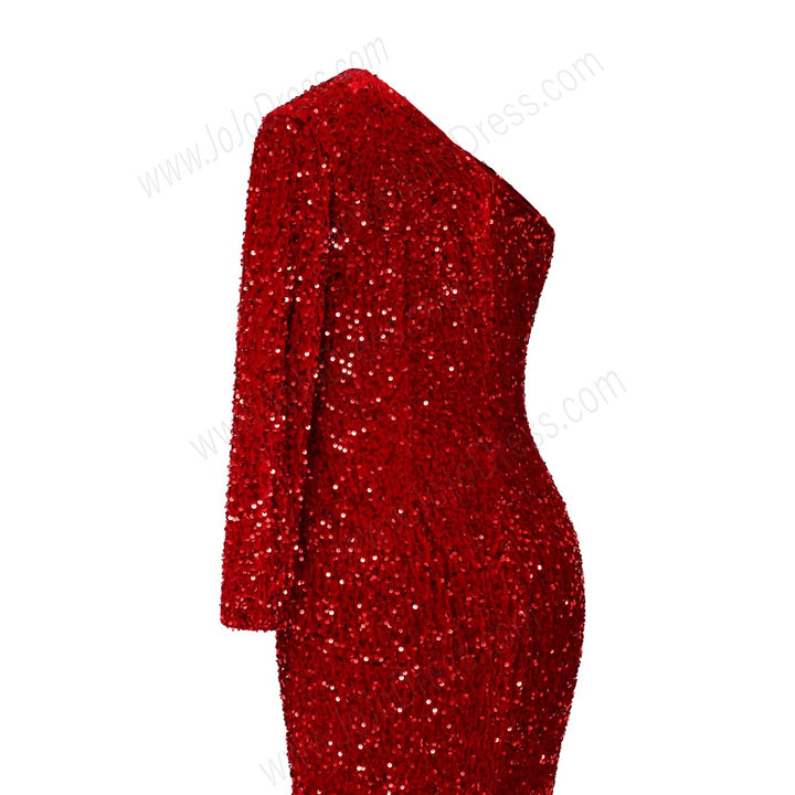 Red Sequins One Shoulder Maxi Fitted Formal Prom Evening Dress EN5810