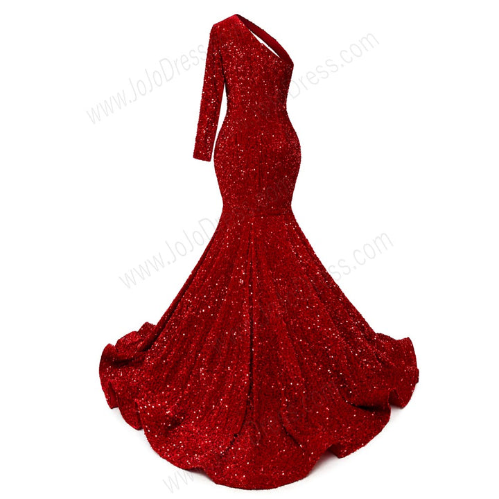 Red Sequins One Shoulder Maxi Fitted Formal Prom Evening Dress EN5810