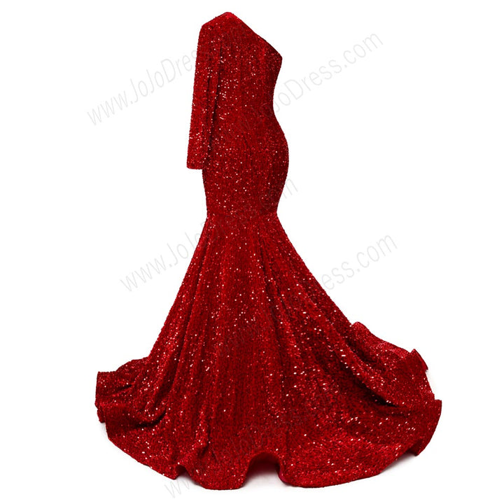 Red Sequins One Shoulder Maxi Fitted Formal Prom Evening Dress EN5810