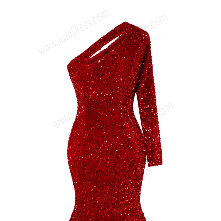 Red Sequins One Shoulder Maxi Fitted Formal Prom Evening Dress EN5810