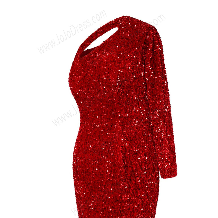 Red Sequins One Shoulder Maxi Fitted Formal Prom Evening Dress EN5810