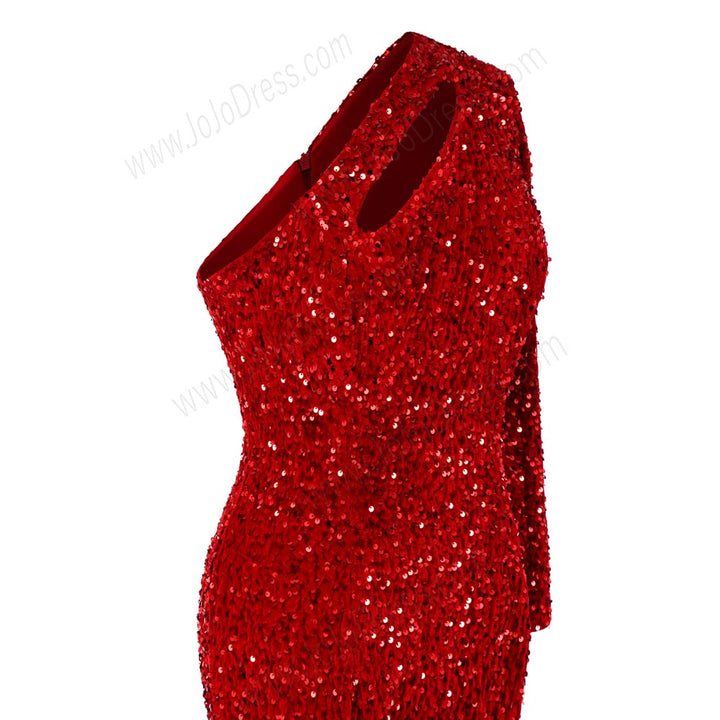 Red Sequins One Shoulder Maxi Fitted Formal Prom Evening Dress EN5810