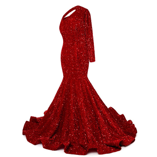 Red Sequins One Shoulder Maxi Fitted Formal Prom Evening Dress EN5810