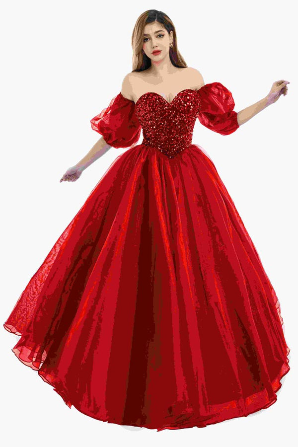 Red Strapless Ball Gown Prom Evening Dress with Detached Sleeves EN5801