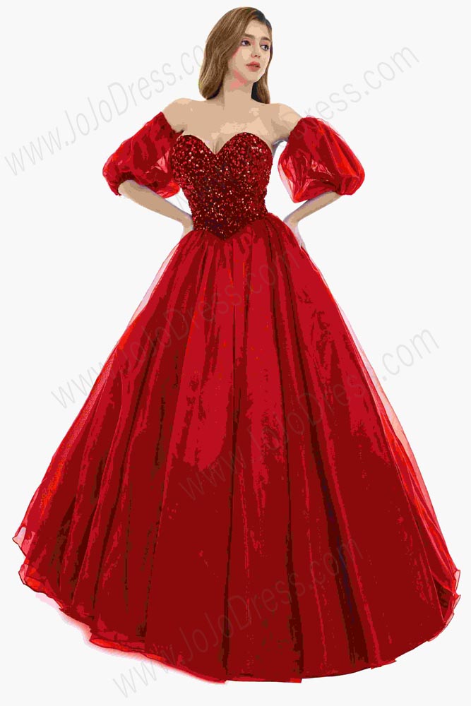 Red Strapless Ball Gown Prom Evening Dress with Detached Sleeves EN5801