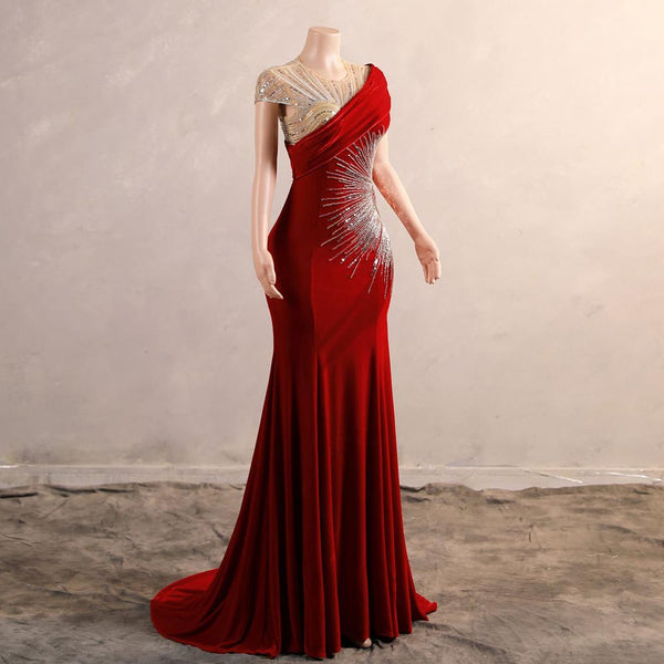 Red Velvet Maxi Fitted Formal Prom Evening Dress EN5809