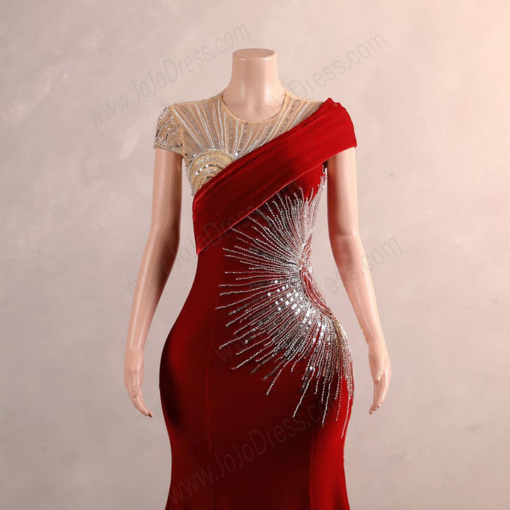 Red Velvet Maxi Fitted Formal Prom Evening Dress EN5809