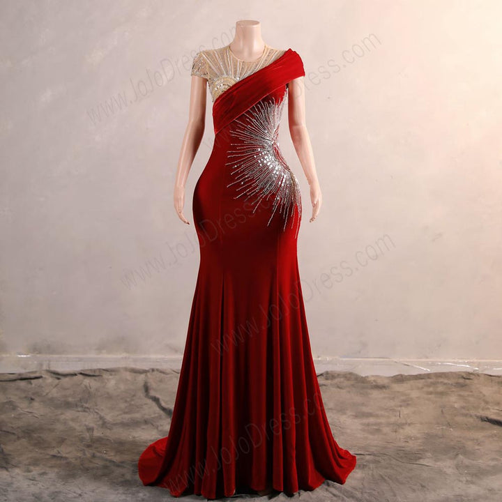 Red Velvet Maxi Fitted Formal Prom Evening Dress EN5809