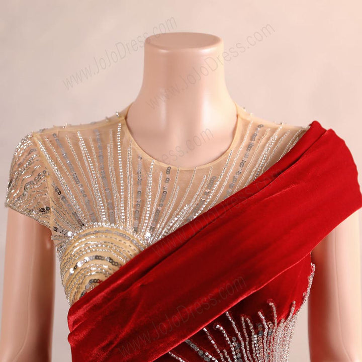 Red Velvet Maxi Fitted Formal Prom Evening Dress EN5809