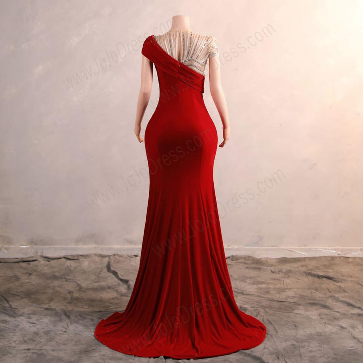 Red Velvet Maxi Fitted Formal Prom Evening Dress EN5809