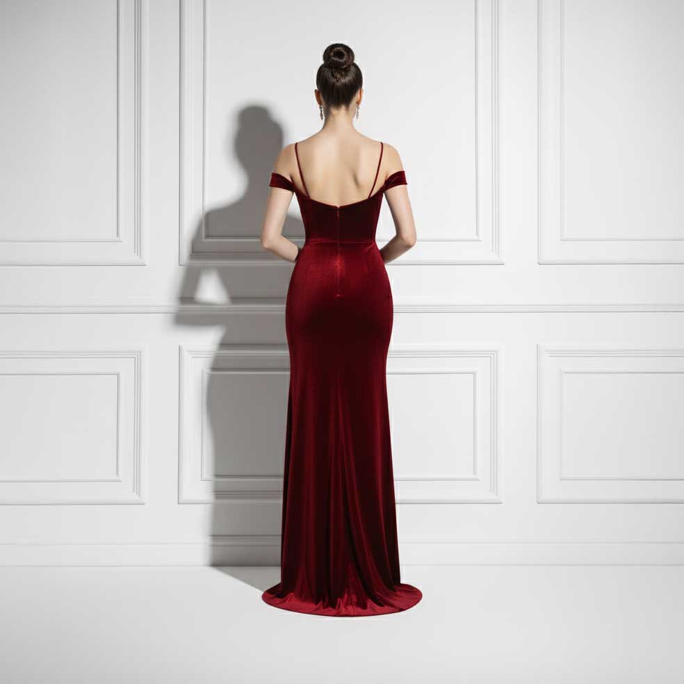Maxi Long Red Velvet Formal Evening Dress with Side Slit TS2602