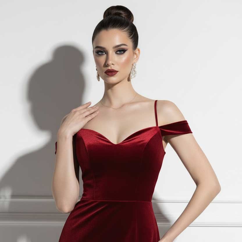 Maxi Long Red Velvet Formal Evening Dress with Side Slit TS2602
