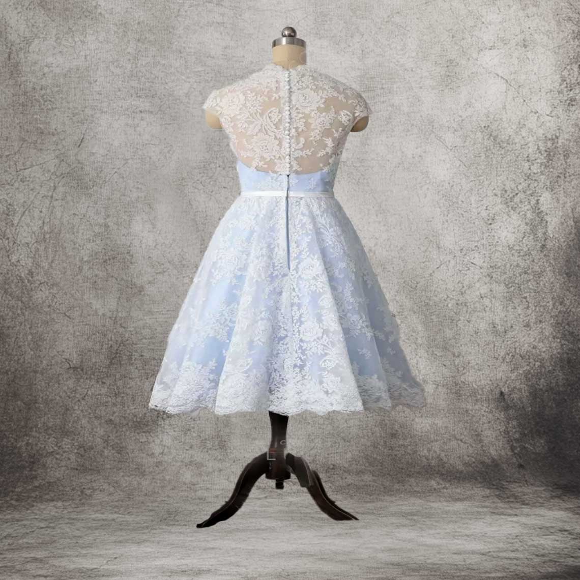 Blue Retro 1950s Vintage Tea Length Lace Wedding Dress DV3033 Size 0 / Blue Blue Retro 1950s Vintage Tea Length Lace Wedding Dress DV3033 Size 0 / Blue