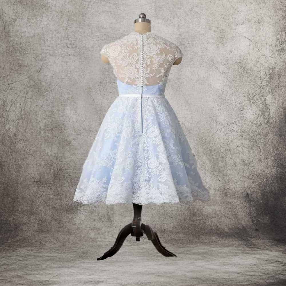 Blue Retro 1950s Vintage Tea Length Lace Wedding Dress DV3033 Size 0 / Blue Blue Retro 1950s Vintage Tea Length Lace Wedding Dress DV3033 Size 0 / Blue