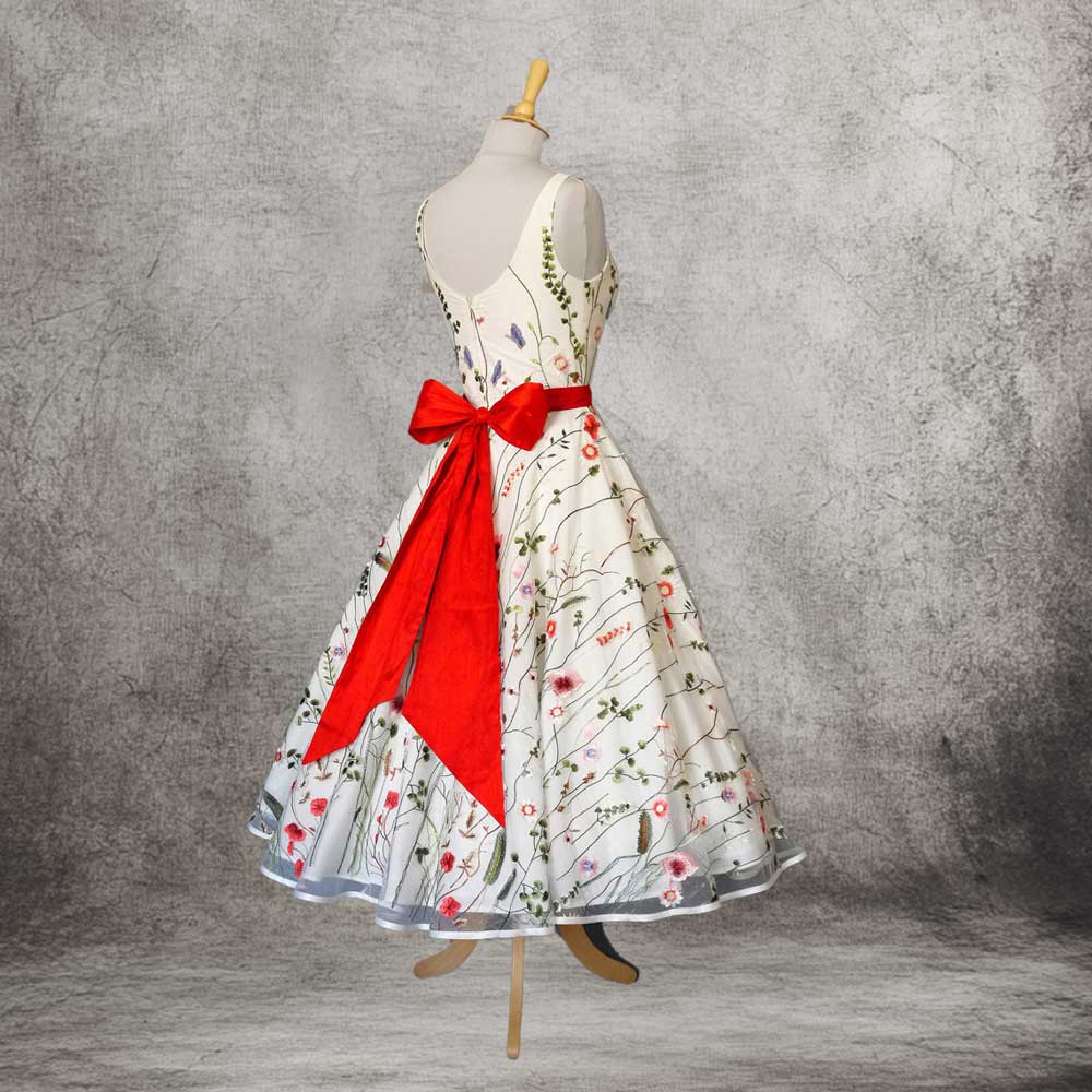 Retro 1950s Tea Length Party Dress with Color Embroideries DV3032