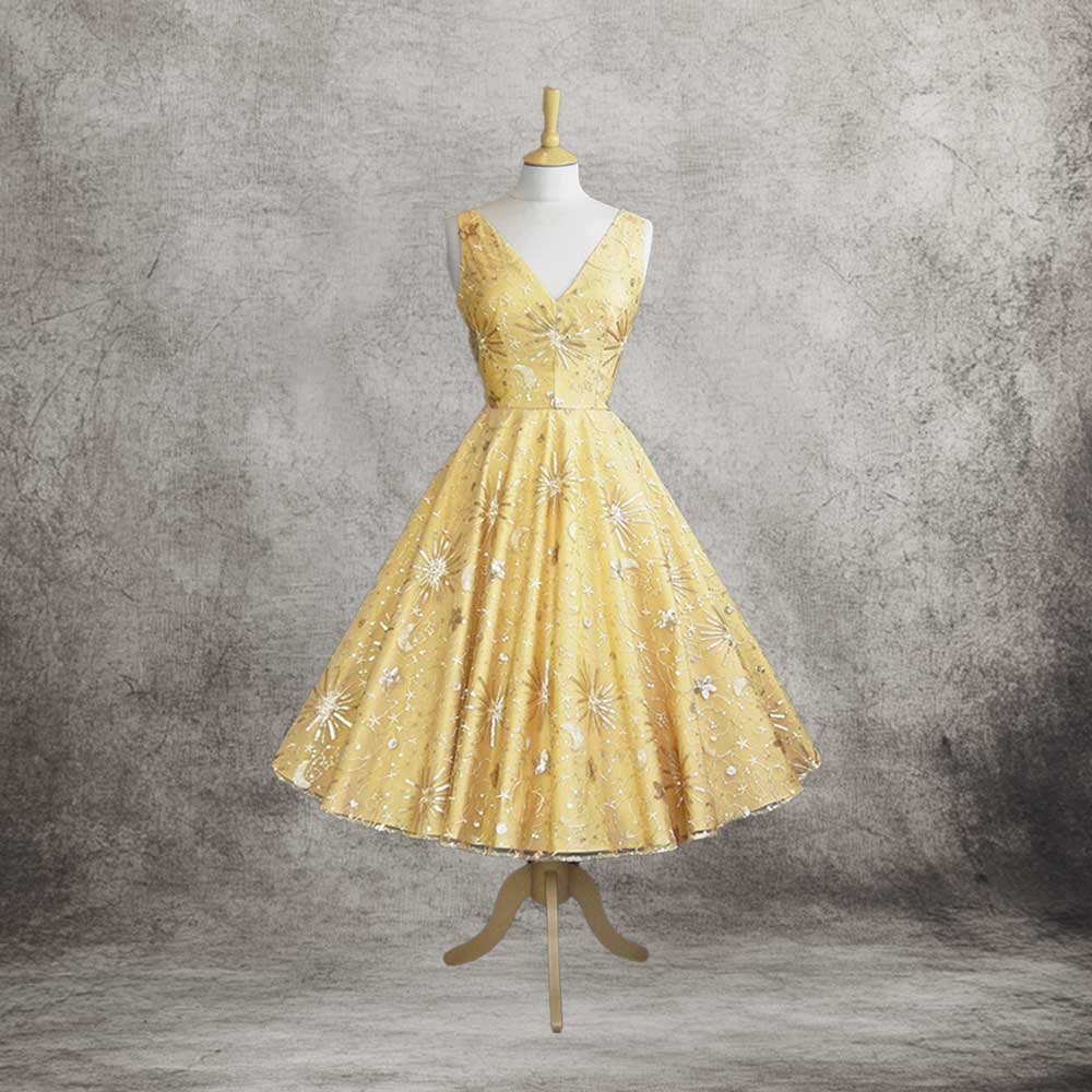 Yellow Retro 1950s Tea Length Dress with Sequins Lace DV3031