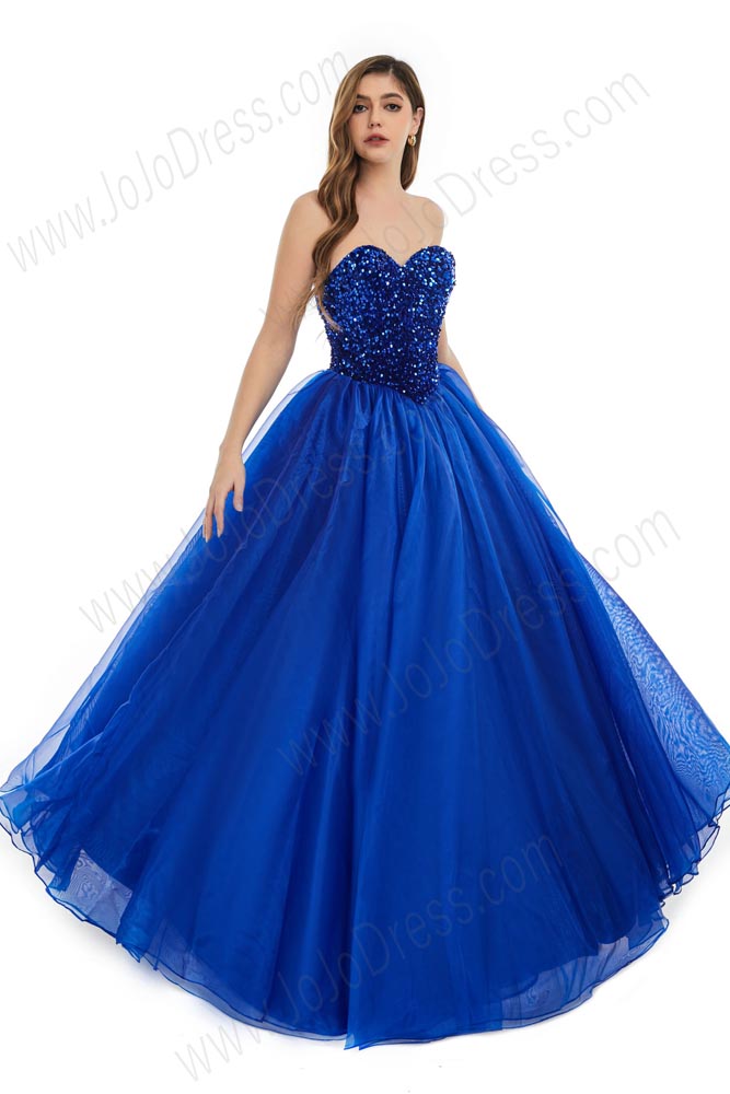 Blue Strapless Ball Gown Formal Dress with Sequins Top and Detached Sleeves EN5801