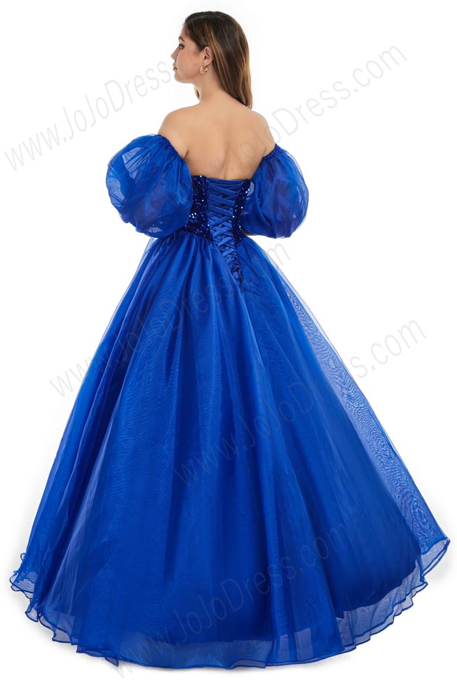 Blue Strapless Ball Gown Formal Dress with Sequins Top and Detached Sleeves EN5801