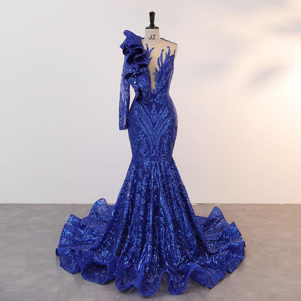 Royal Blue Maxi Sequins Lace Mermaid Formal Prom Evening Dress EN5815