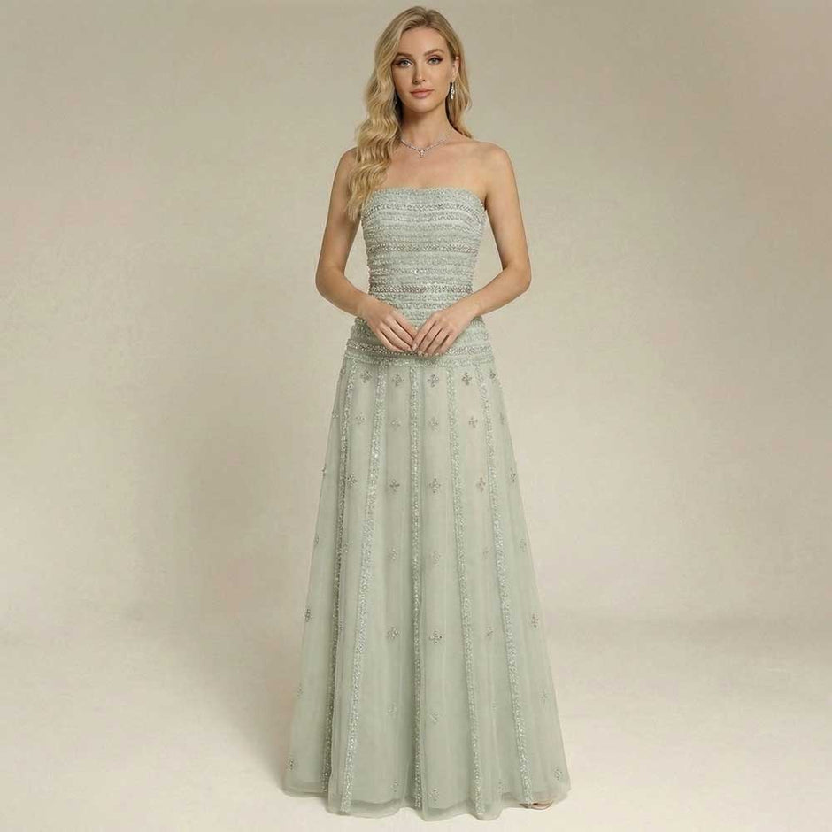 Sage Green Sparkly Strapless Evening Gown EN6202 Green / Size 24W