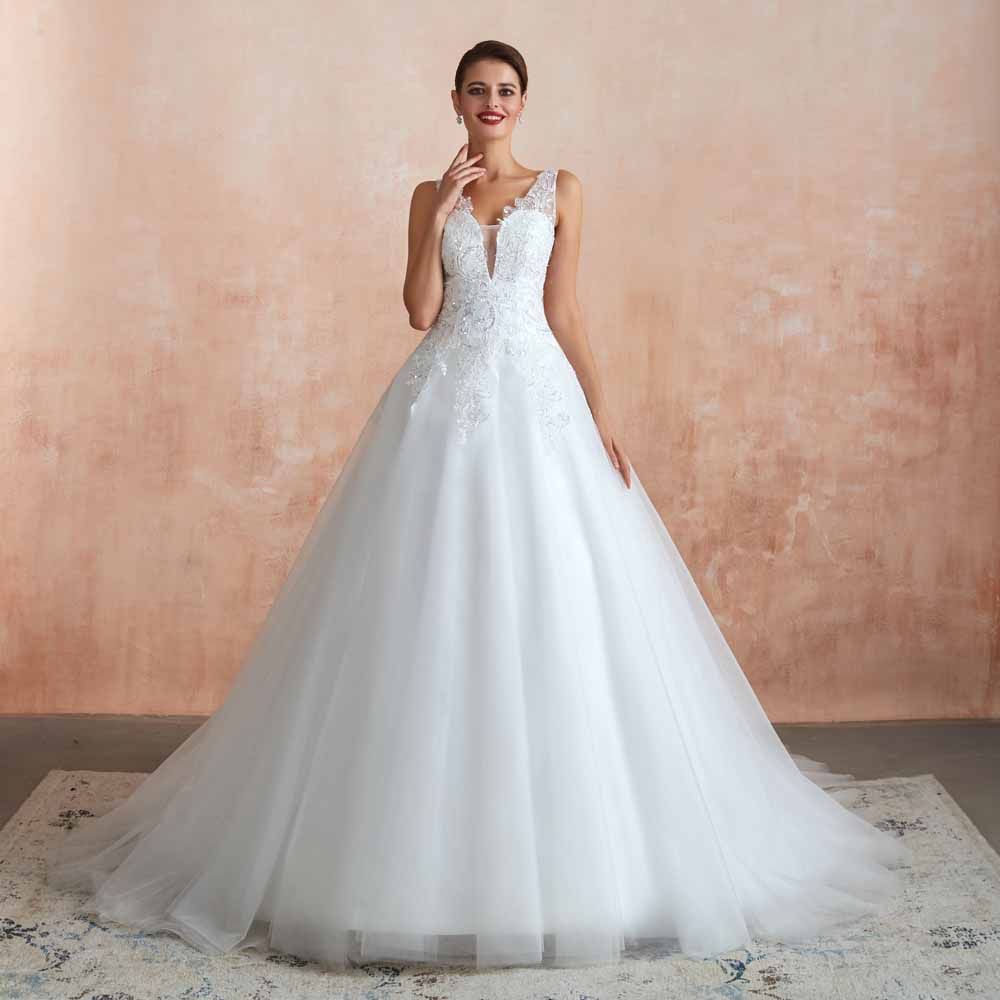 Lace Ball Gown Wedding Dress with Plunging Neck EN3416
