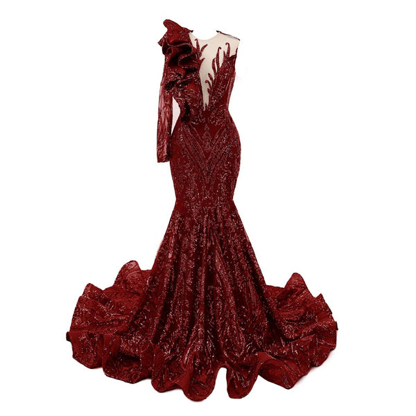 Burgundy Sequins Fit and Flare Formal Prom Evening Dress EN5806