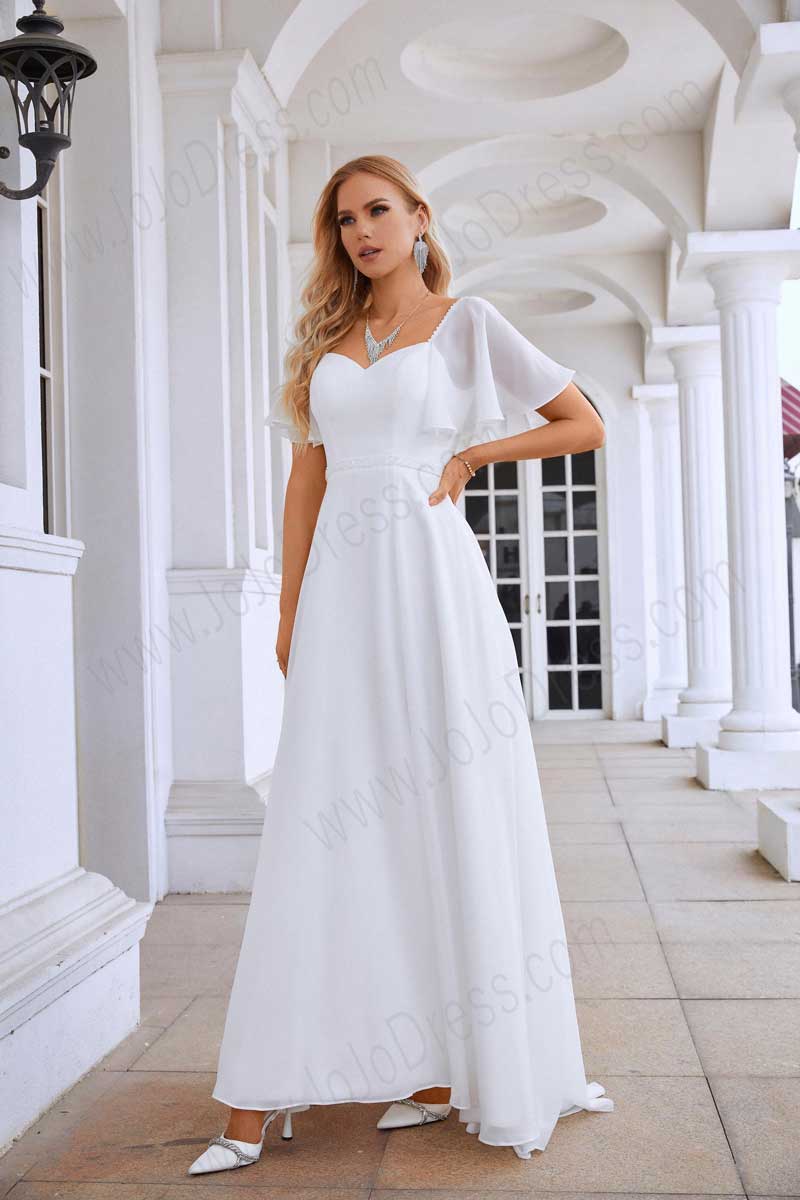 Chiffon Simple Maxi Wedding Dress with Flutter Sleeves EN5713 Size 8 / Ivory Chiffon Simple Maxi Wedding Dress with Flutter Sleeves EN5713 Size 8 / Ivory