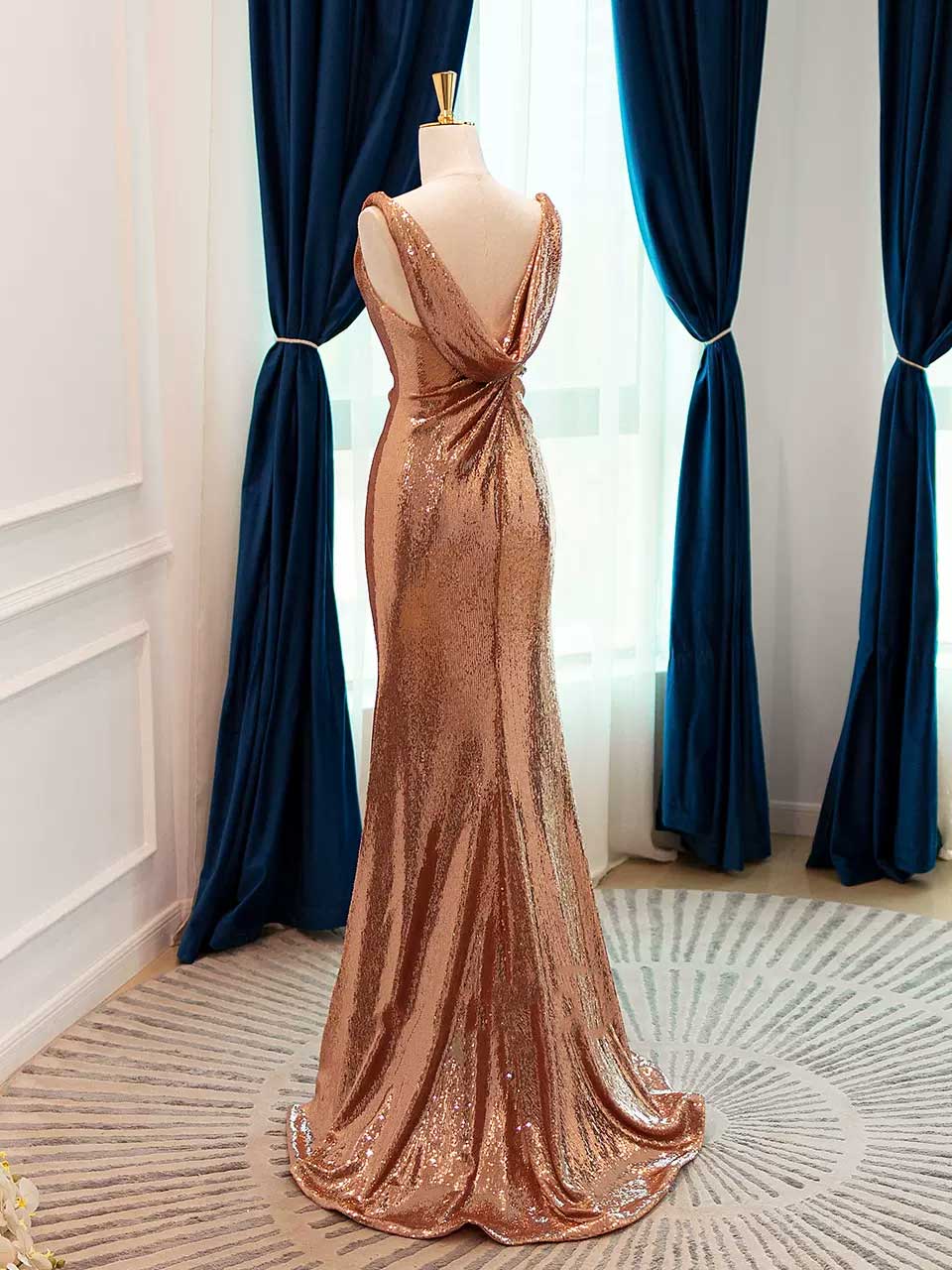 Gold Sparkly Sequins with Open Cowl Back Formal Prom Evening Dress AL3021