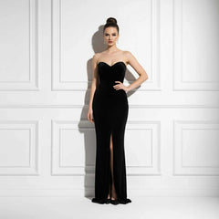 Maxi Long Black Velvet Formal Evening Dress with Side Slit TS2603