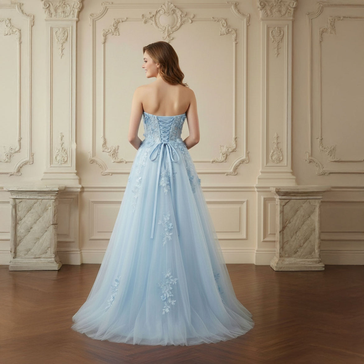 Strapless Maxi Blue Formal Prom Evening Dress with 3D Lace XH1075