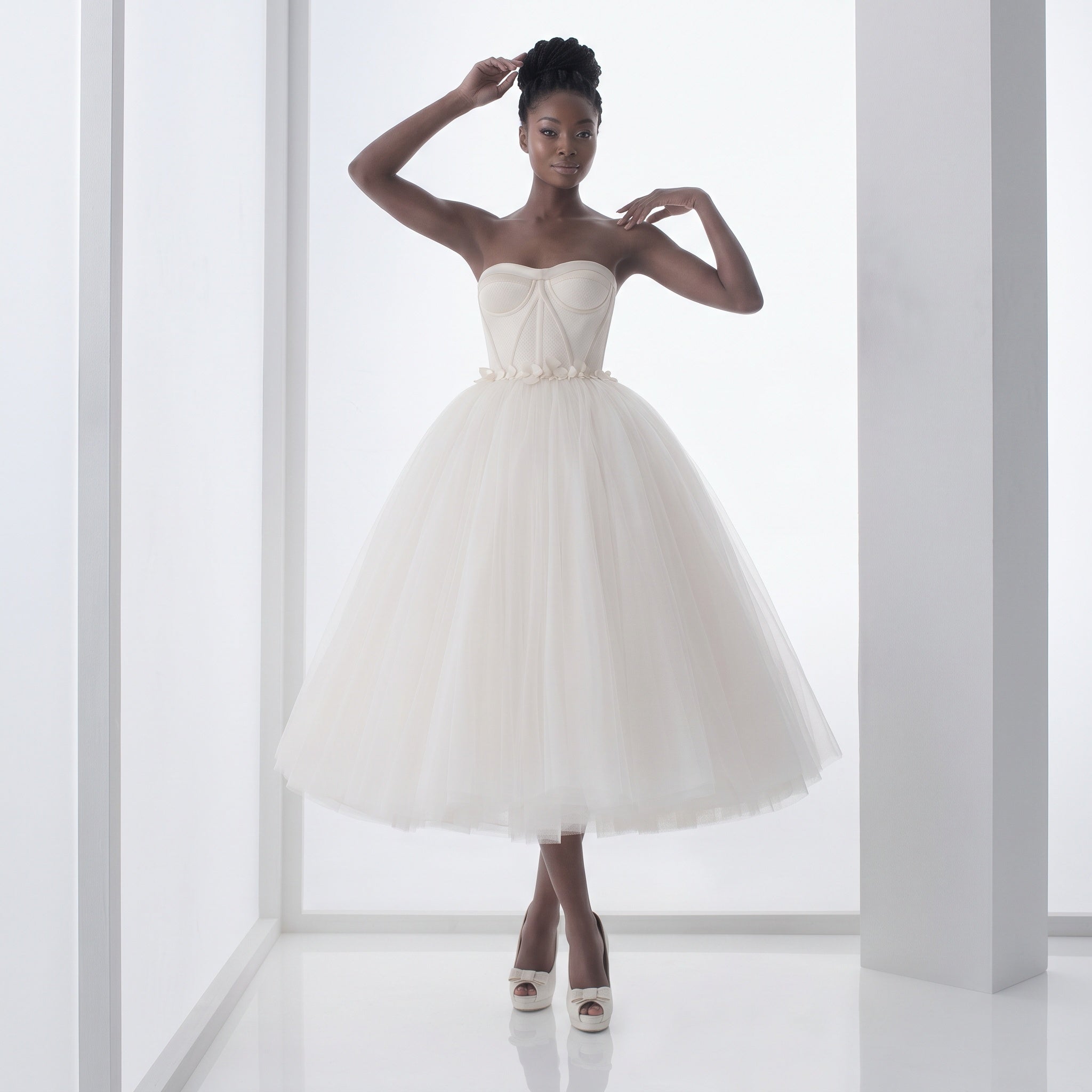 Retro 50s Strapless Tulle Ballerina Tea Length White Tulle Dress | DV1038