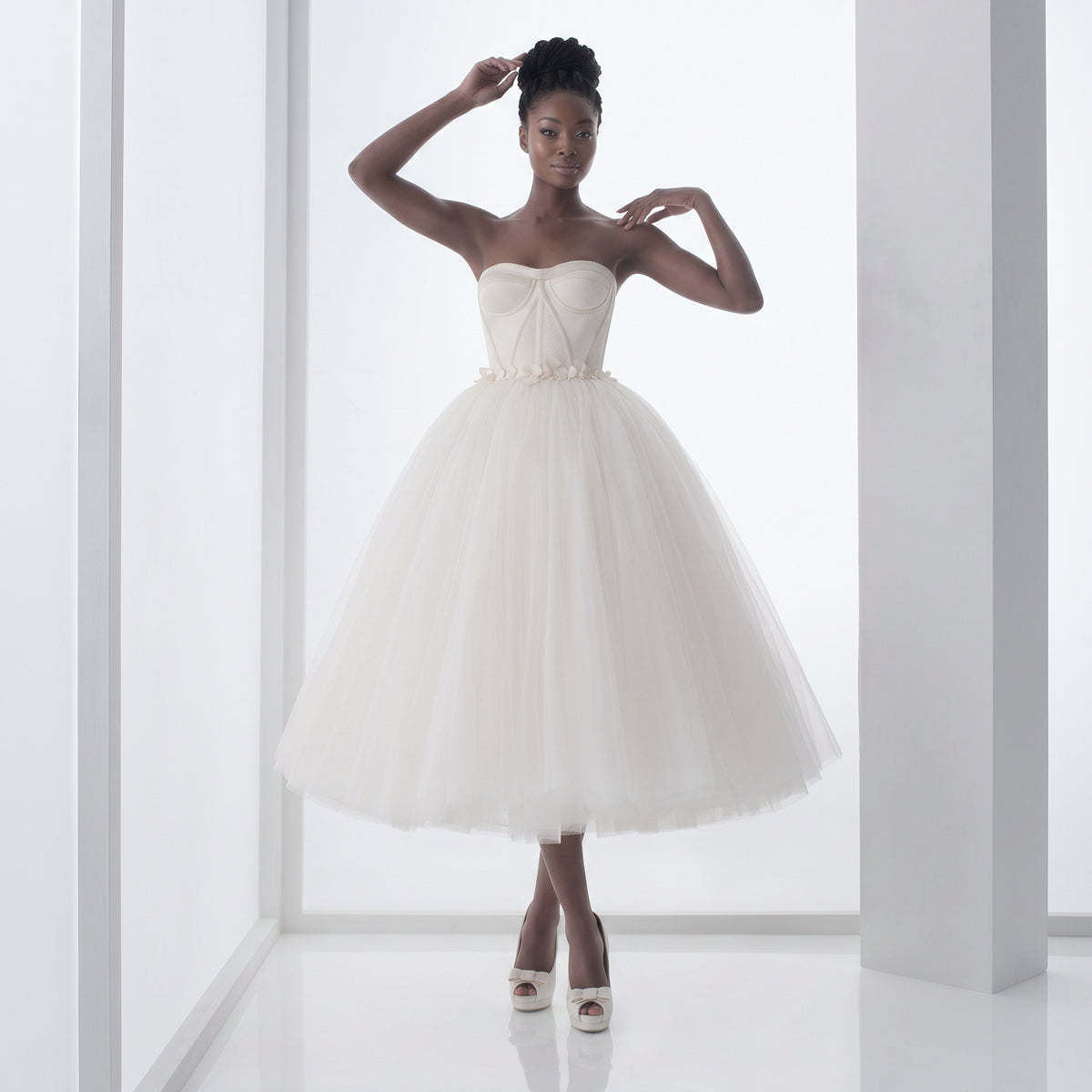 Retro 50s Strapless Tulle Ballerina Tea Length White Tulle Dress | DV1038