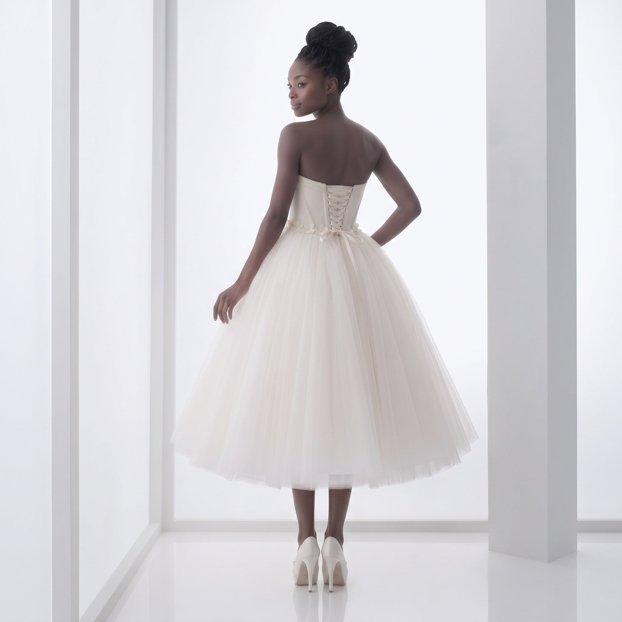 Retro 50s Strapless Tulle Ballerina Tea Length White Tulle Dress | DV1038
