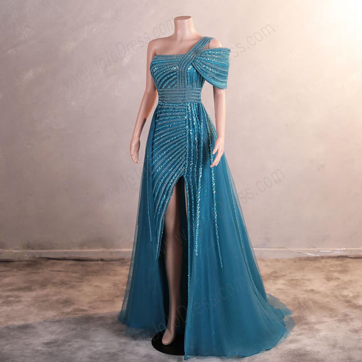 Sparkly Teal Maxi One Shoulder Formal Prom Evening Dress EN5811