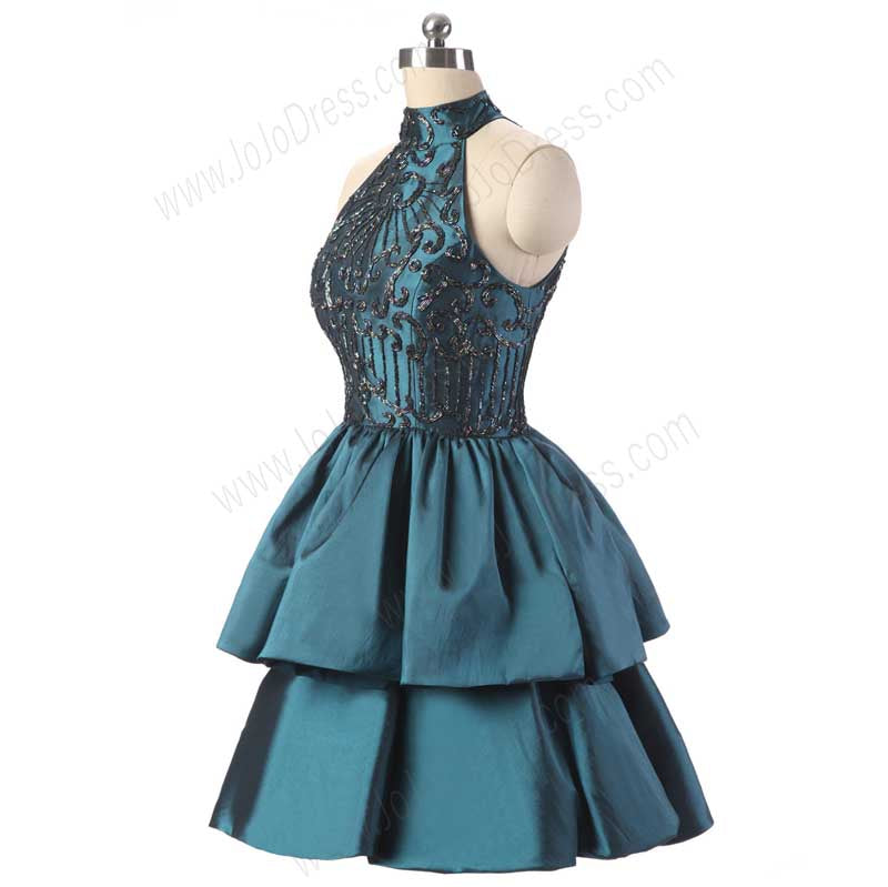 Teal Halter Short Cocktail Dress with Tiered Skirt EN1012