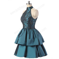 Teal Halter Short Cocktail Dress with Tiered Skirt EN1012
