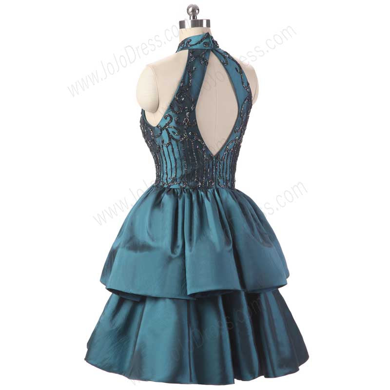 Teal Halter Short Cocktail Dress with Tiered Skirt EN1012