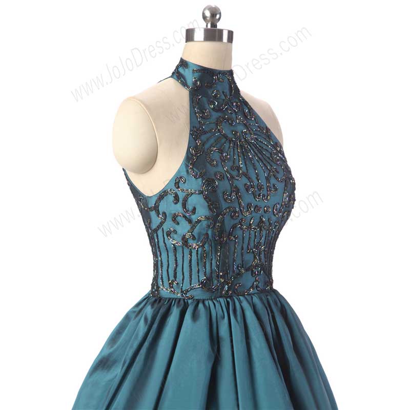 Teal Halter Short Cocktail Dress with Tiered Skirt EN1012