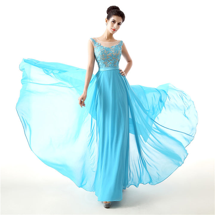 Turquoise Blue Maxi Lace Formal Prom Evening Dress EN131