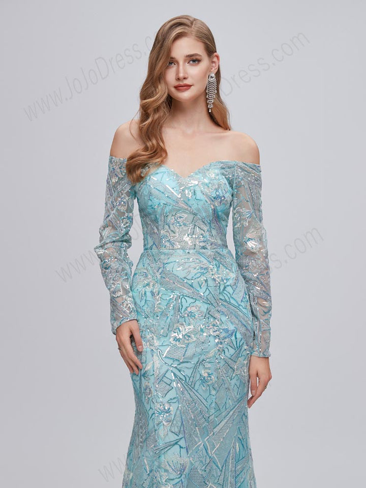 Turquoise Maxi Fitted Formal Prom Evening Dress with Off Shoulder Neck EN5202