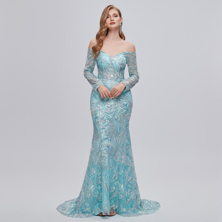 Turquoise Maxi Fitted Formal Prom Evening Dress with Off Shoulder Neck EN5202