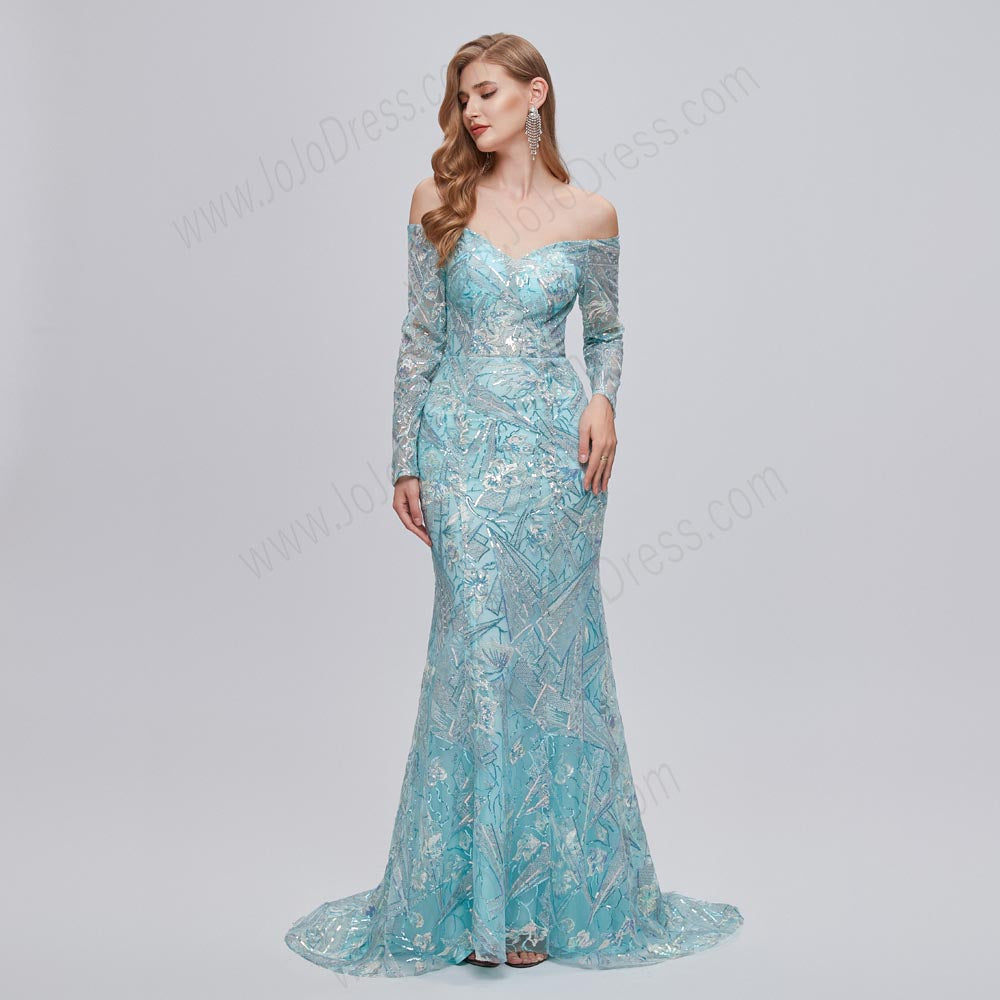 Turquoise Maxi Fitted Formal Prom Evening Dress with Off Shoulder Neck EN5202