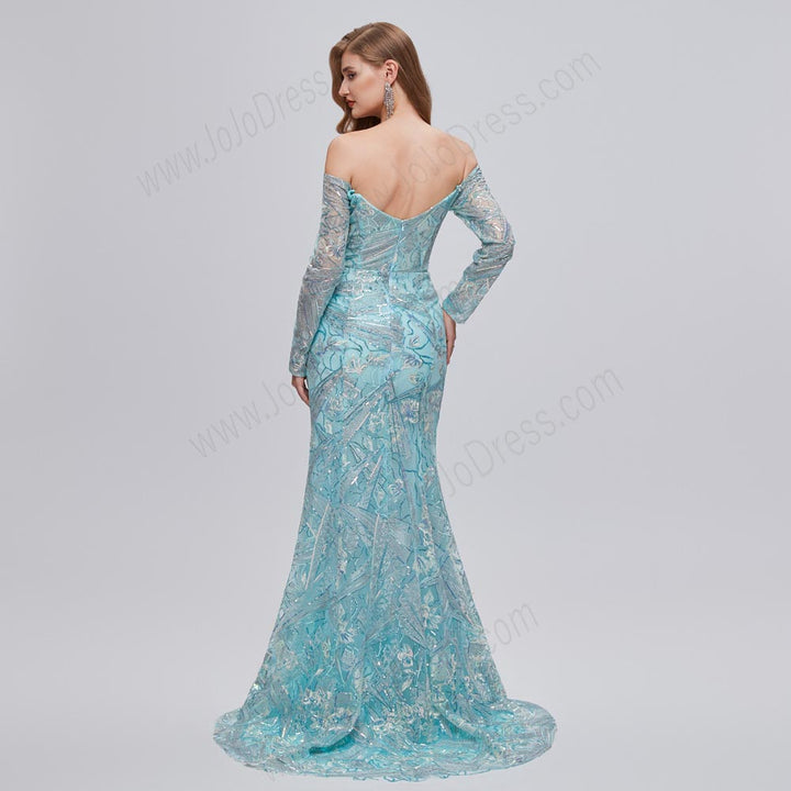 Turquoise Maxi Fitted Formal Prom Evening Dress with Off Shoulder Neck EN5202