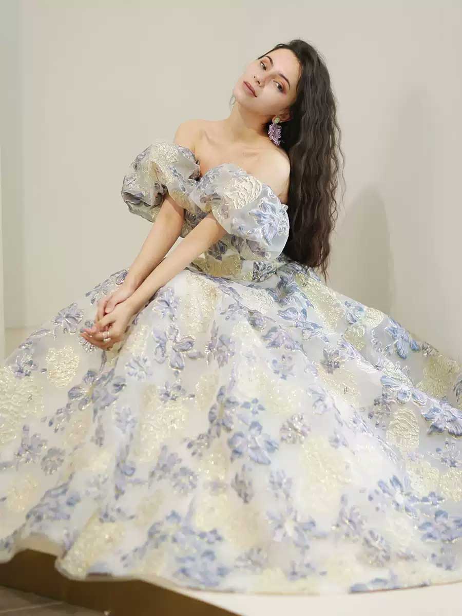 Unqiue Maxi Prom Pageant Ball Gown Evening Dress with Off Shoulder Sleeves TB2401