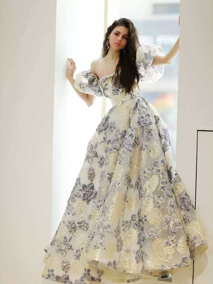 Unqiue Maxi Prom Pageant Ball Gown Evening Dress with Off Shoulder Sleeves TB2401