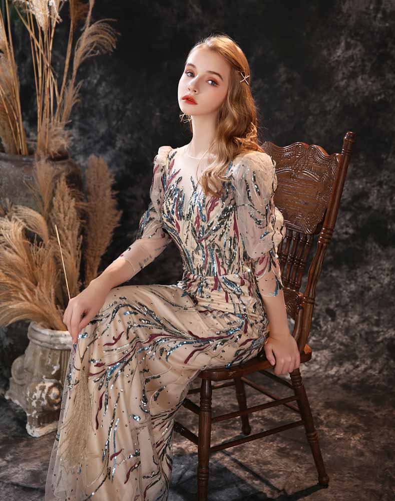 Vintage Hollywood Style Sequins Maxi Formal Evening Dress EN3903 Size 18W / Champagne Vintage Hollywood Style Sequins Maxi Formal Evening Dress EN3903 Size 18W / Champagne