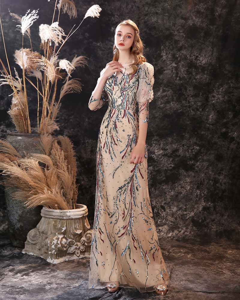 Vintage Hollywood Style Sequins Maxi Formal Evening Dress EN3903 Size 18W / Champagne