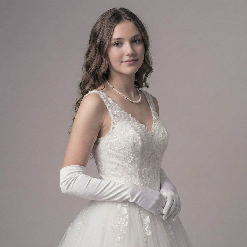 White & Ivory Long Satin Gloves for Debutante, Wedding and Formal Events A1101