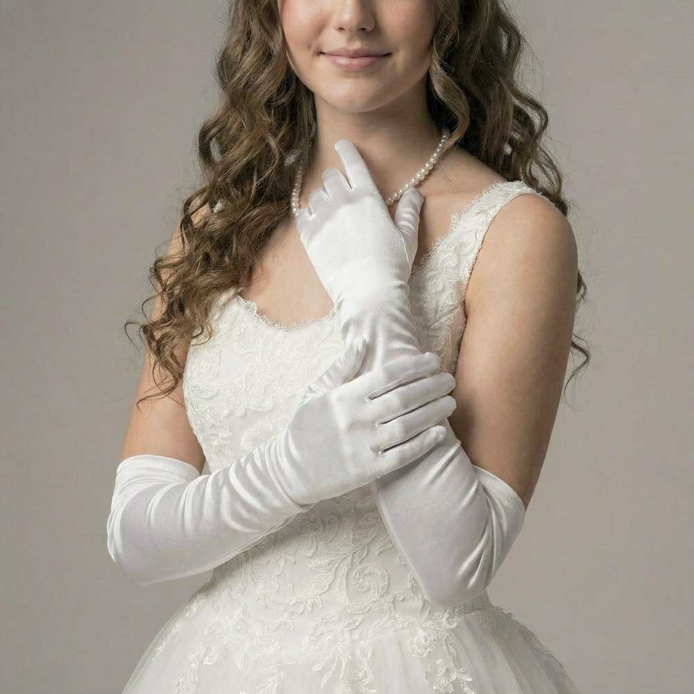 White & Ivory Long Satin Gloves for Debutante, Wedding and Formal Events A1101