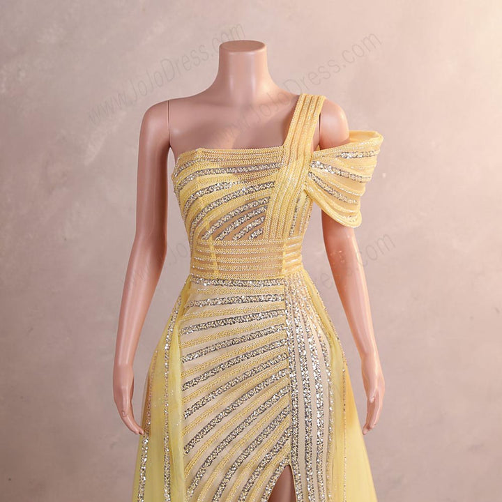 Sparkly Yellow Maxi One Shoulder Formal Prom Evening Dress EN5811